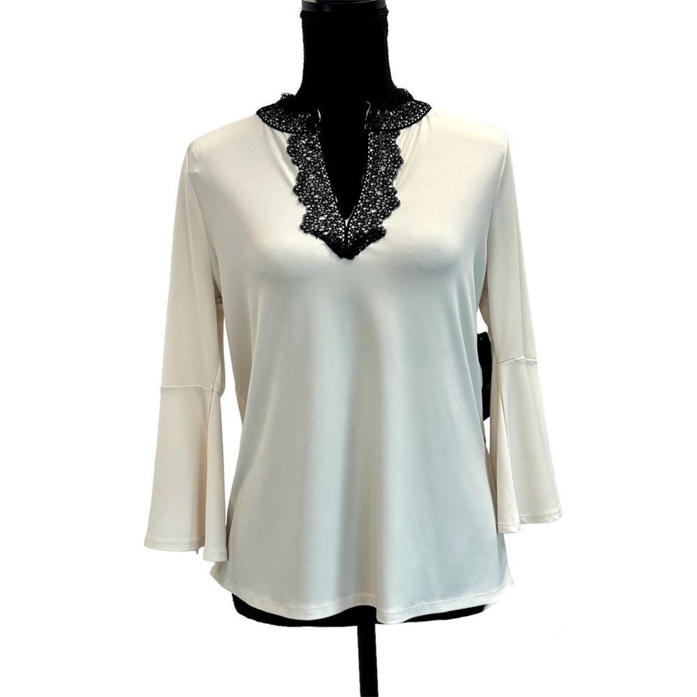 TAHARI Andie black ivory knit bell sleeve lace neckline blouse Sz S NWT